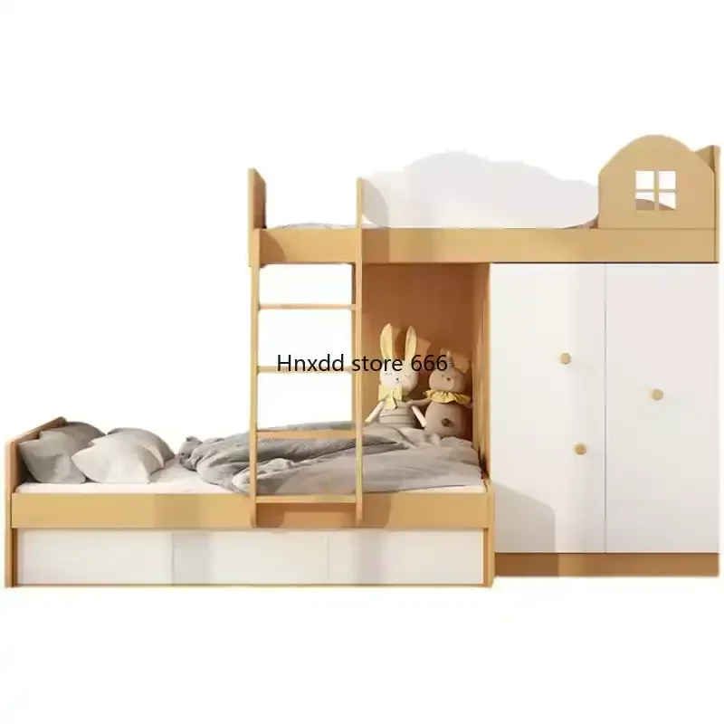 Staggered upper and lower beds with wardrobe children's bed