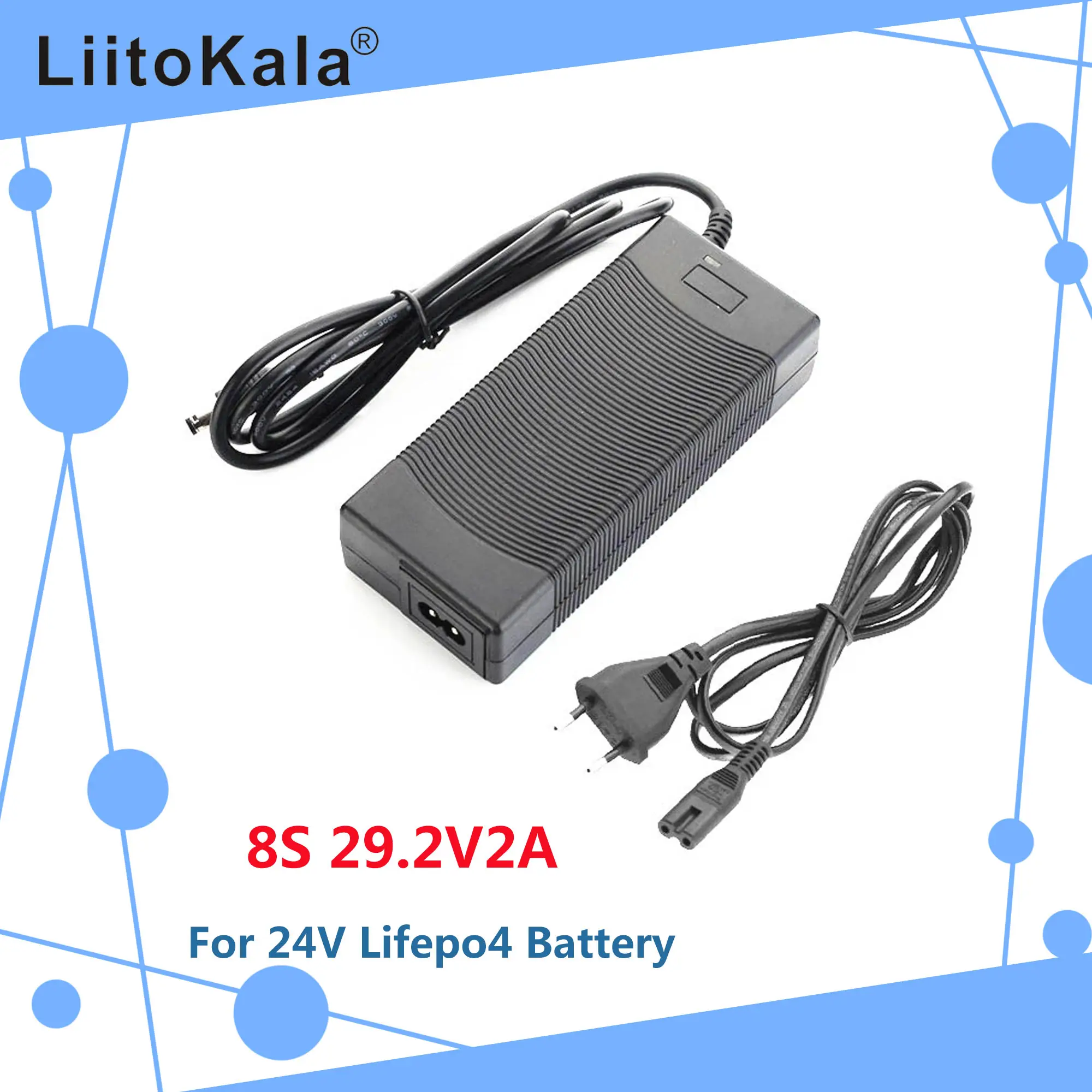 LiitoKala 24V charger 8S 29.2V 2A charger 29.2V LiFePO4 Battery Charger RCA Port For 8S 24V LiFePO4 Battery pack