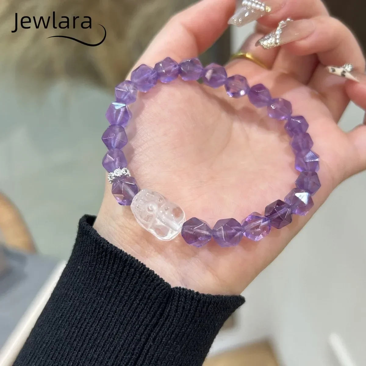 JEWLARA Jewelry Natural Cut Amethyst Bracelets, White Crystal Pixiu Versatile Design Bracelet, Wisdom and Wealth