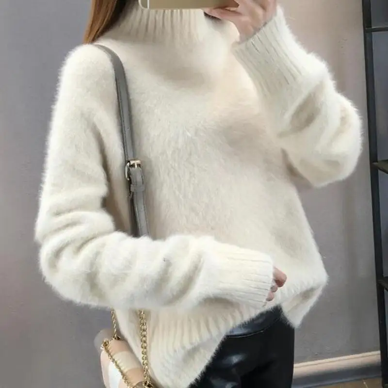 Waterproof Mink Fur Sweater, Women's Inner Layer Bottom Shirt, Autumn Winter New Style, Thick And Loose Half High Neck Pullover,