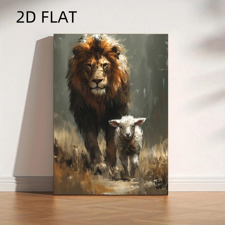 2D Flat, 2D Flat, 2D Flat No Frame Canvas Painting, Wall Art Featuring a Lion And a Sheep, Vintage Christian-Themed Artwork,
