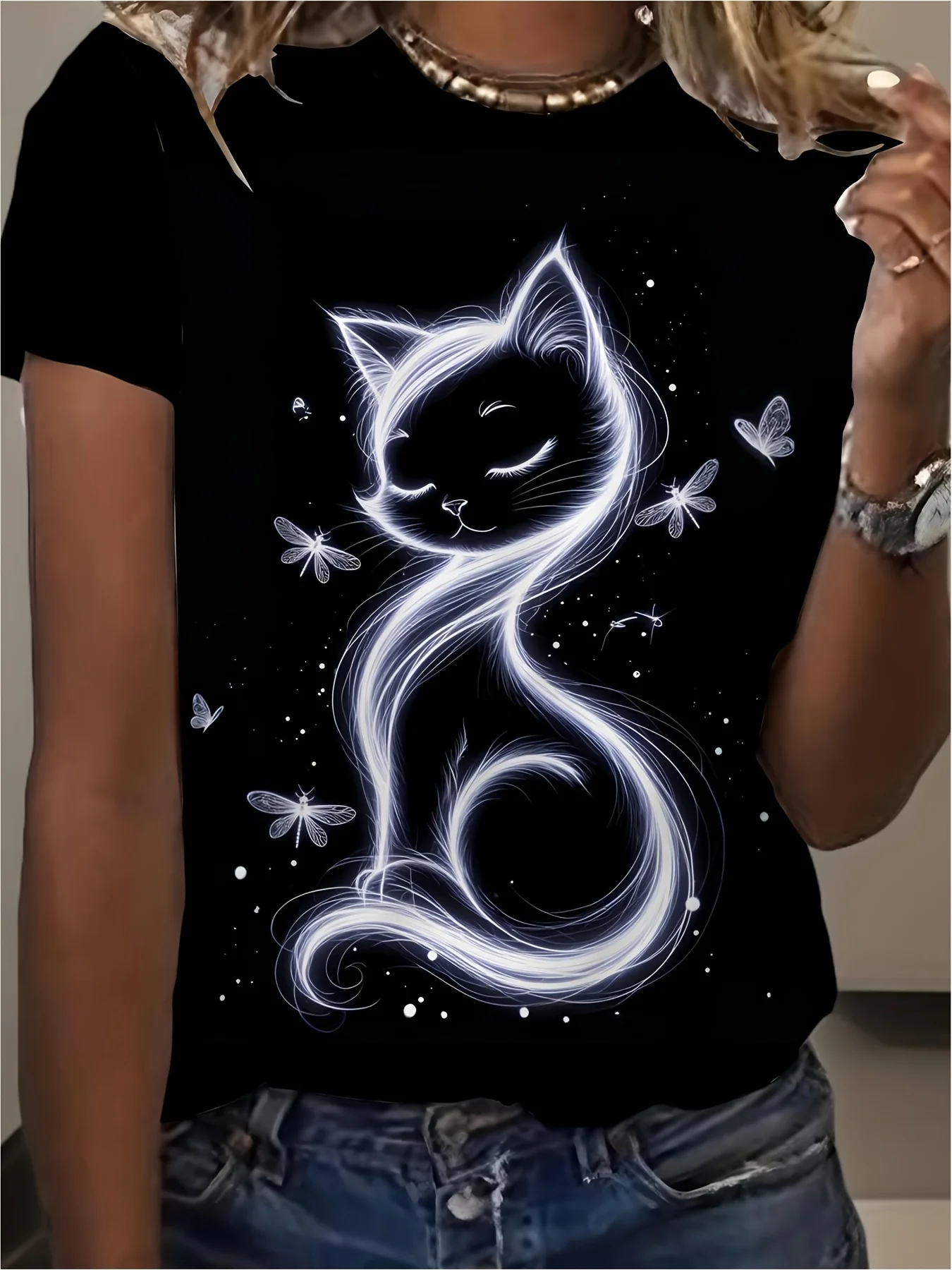 Elegant Cat Print T-Shirt Stylish Black Crew Neck with Glowing White Cat And Butterflies Design, Soft, Perfect for Casual Wear, Comf 2026 Black T-Shirt