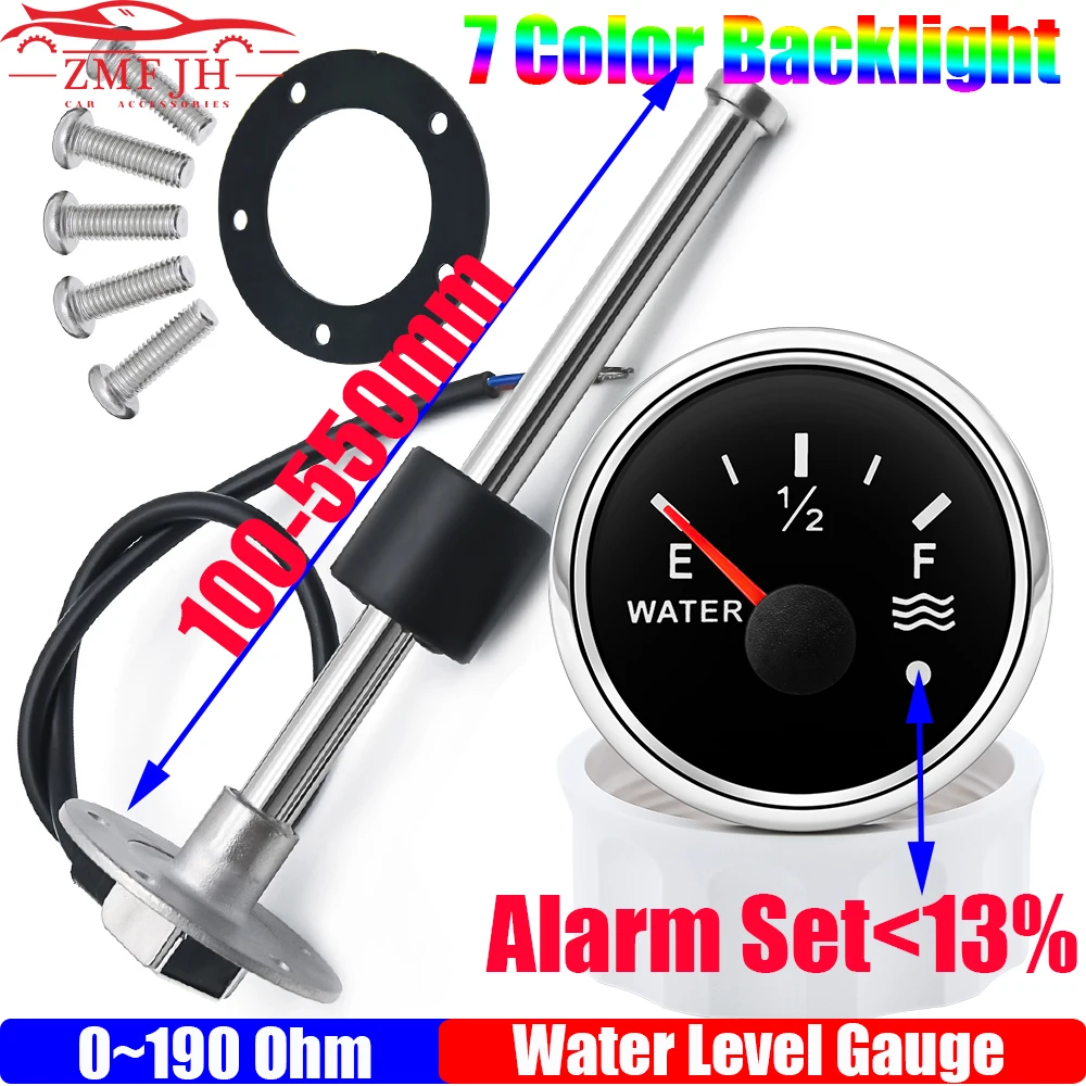 100-550mm Steel Water Level Sensor 0-190ohm 52mm Water Level Gauge with Alarm 7 Color Water Tank Meter for Car Boat Yacht Custom