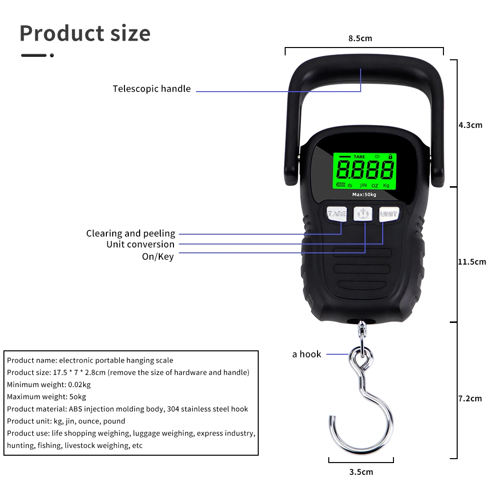 50Kg/5g LCD Digital Display Hanging Hook Scale kg/oz/TEMP/lb Backlight Portable Fishing Travel Mini Electronic Weighing Scale