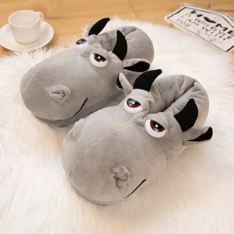 

Cute Cartoon Hippo Slippers Full Covered Warm Winter Elephant Slides Indoor Bedroom Animal Pattern Shoes For Man Woman