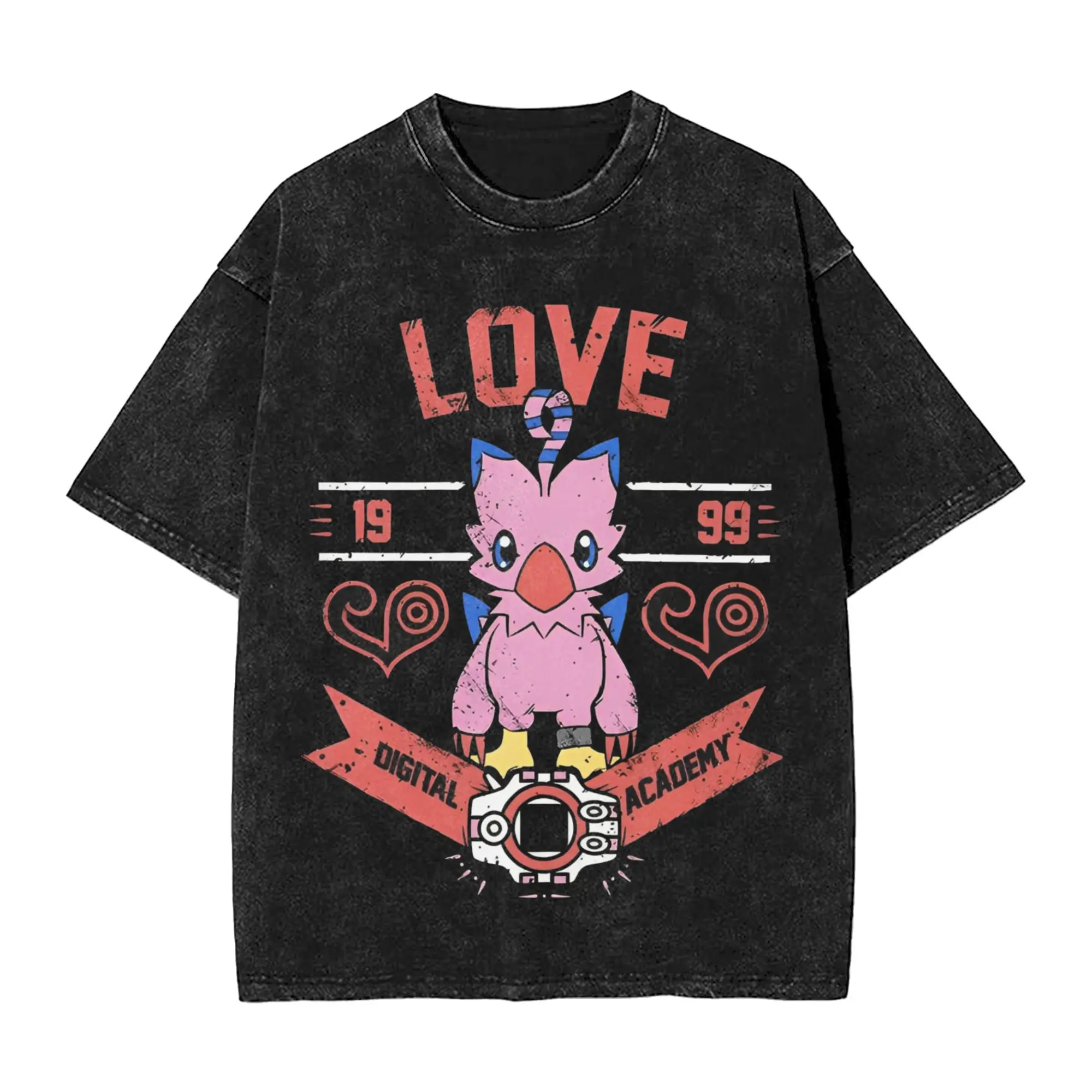 

Digimon Adventure Biyomon LOVE Digital Academy 1999 Varsity Style Vintage Washed Anime Print T Shirt Men 2026 Summer