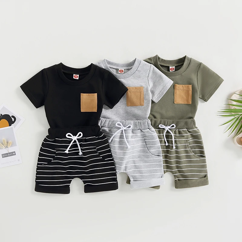 2023-03-01 Lioraitiin 0-4Years Baby Kids Boys 2Pcs Summer Set Short Sleeve Crew Neck T-shirt with Striped Shorts Outfit