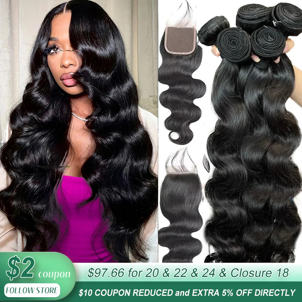 Human Hair Bundles with Closure Body Wave Brazilian Virgin Human Hair Weave 3 Bundles with 4x4 Lace Closure Natural Black Color