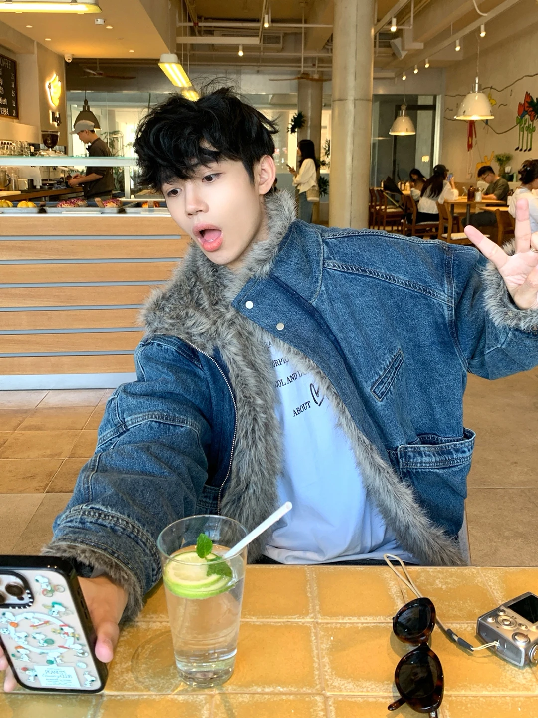 Blue Fur Collar Thickened Winter Jacket Men's Denim Workwear Cotton Patchwork Pilot Jacket Casual Cleanfit Long Sleeve Coat