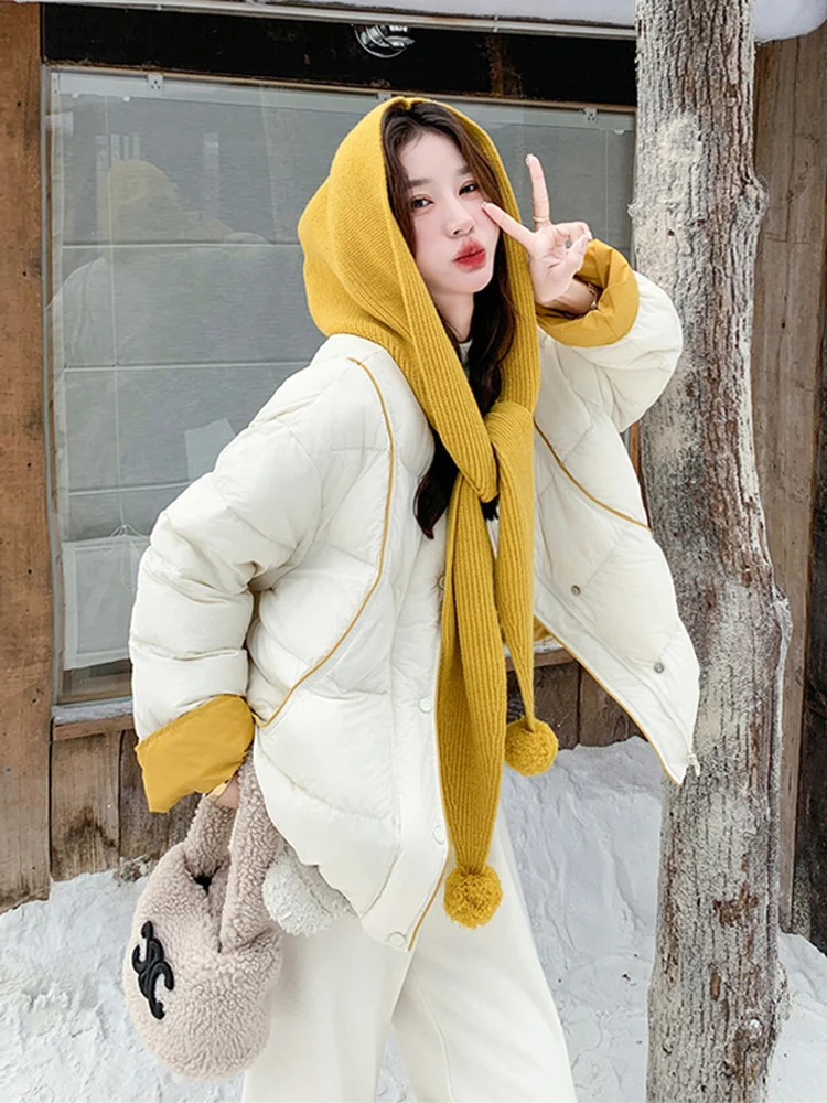 

Куртка-пуховик с капюшоном Color Blo, вязаная, женская, короткая, теплая, зимняя, модный дизайн, молодежная, стильная верхняя одежда