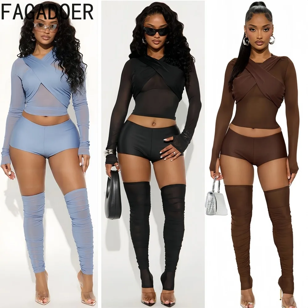 

FAGADOER Autumn Sexy Woman 3 Piece Set Outfit Mesh See Through Long Sleeves Crop Top +Shorts+ Leg Warmer Suits Female Streetwear