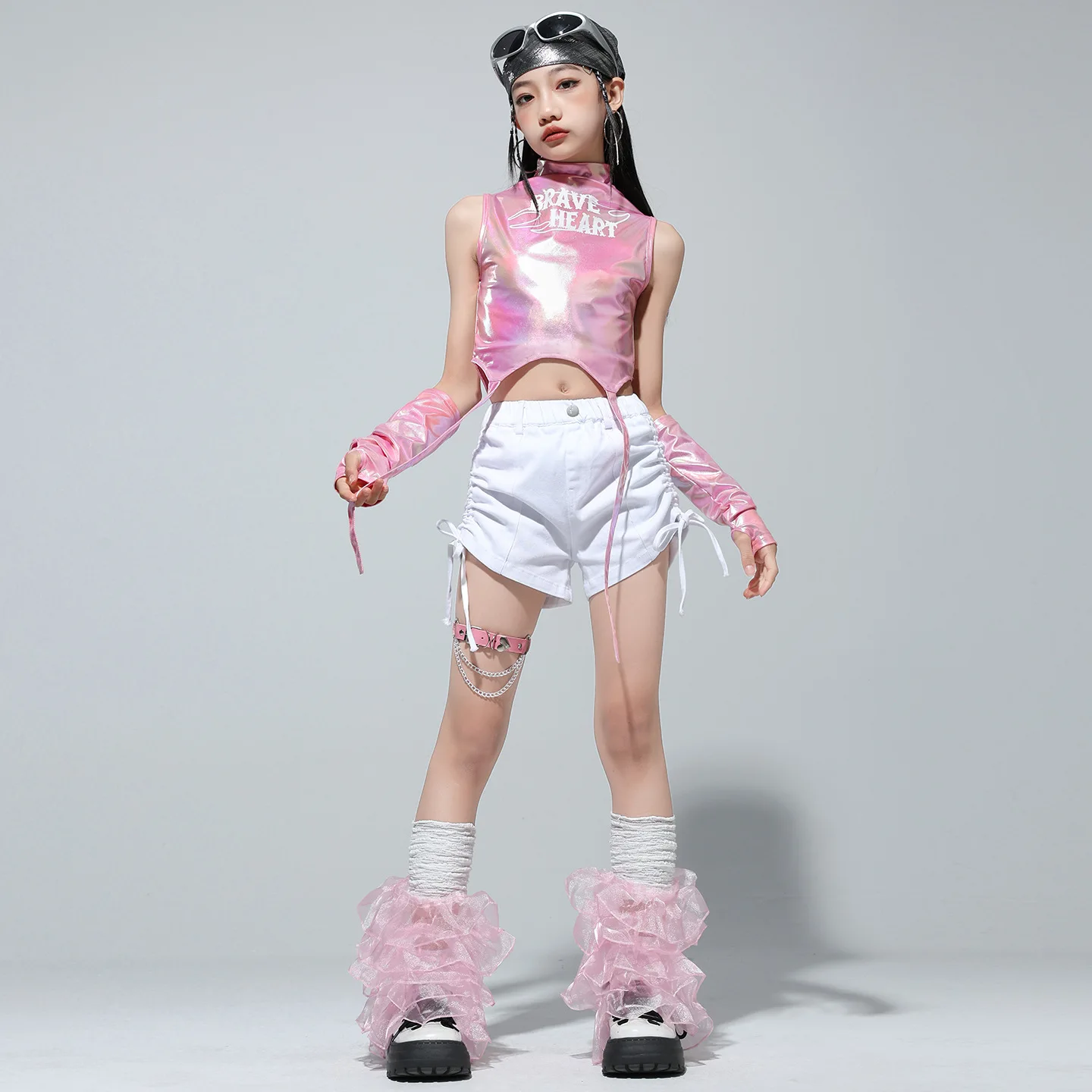 Vêtements Hip Hop pour enfants, rose Laser, sangle de cou simulée, débardeur court, short de rue blanc avec cordon de serrage pour filles, vêtements de Costume de danse Jazz