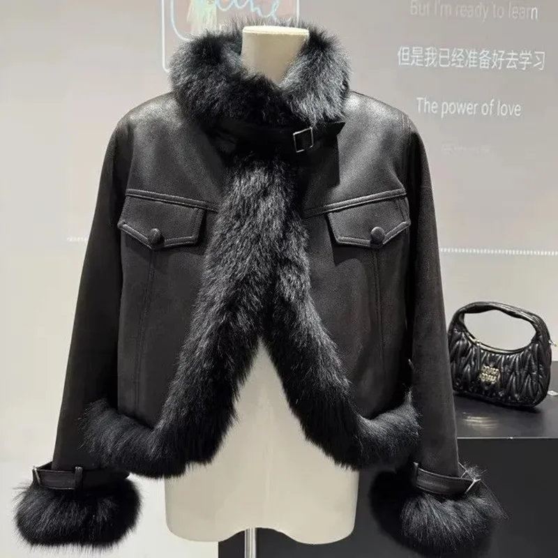 

Spring Autumn/Winter New Fuax Fur Leather Jacket Motorcycle Coat Cotton Suede Fashion Short Coat Warm Fashion Girl Overvcoat