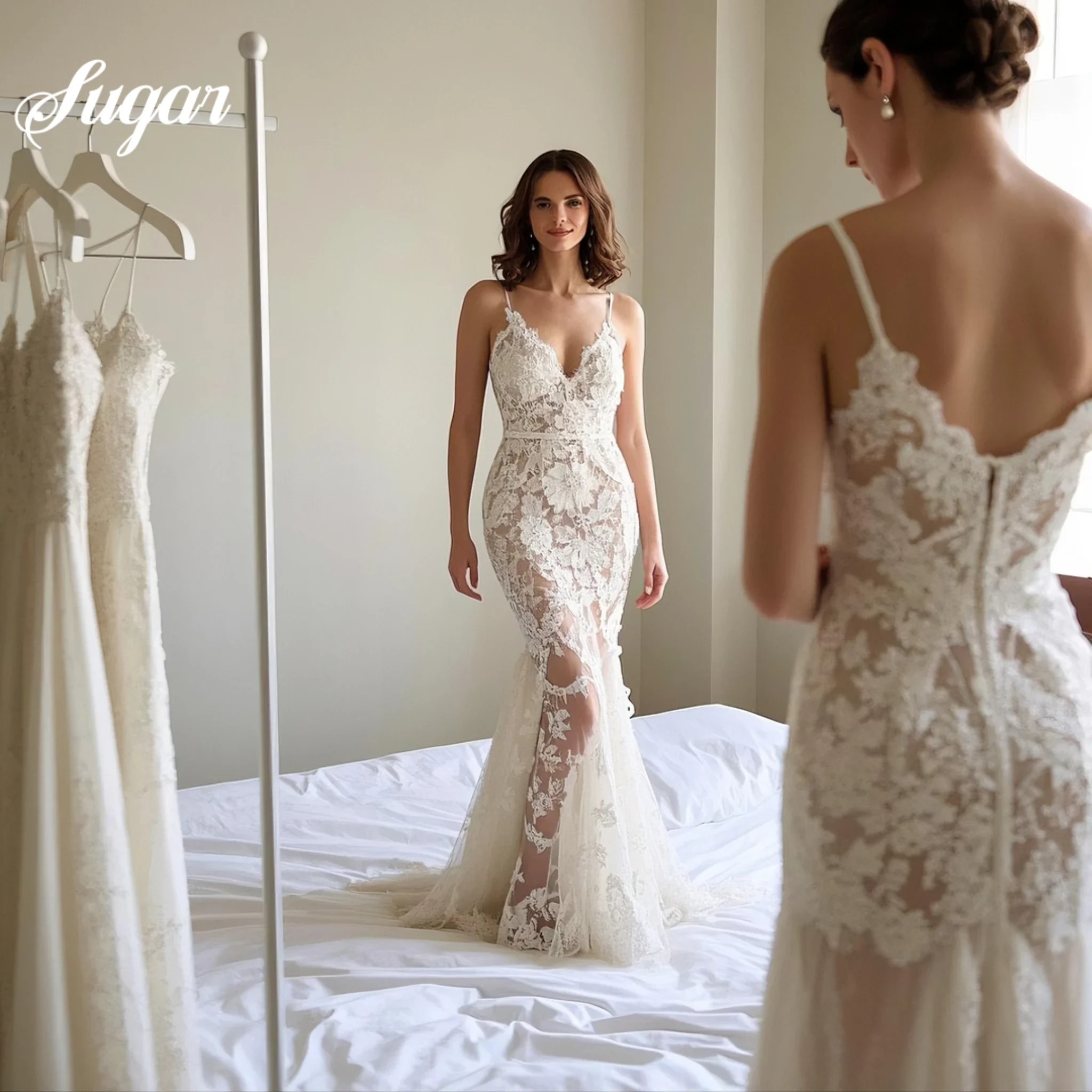 

Lace Mermaid Wedding Dress Spaghetti Straps V-Neck Sleeveless Elegant Backless Bridal Gown Long Sweep Train Sexy Open Back