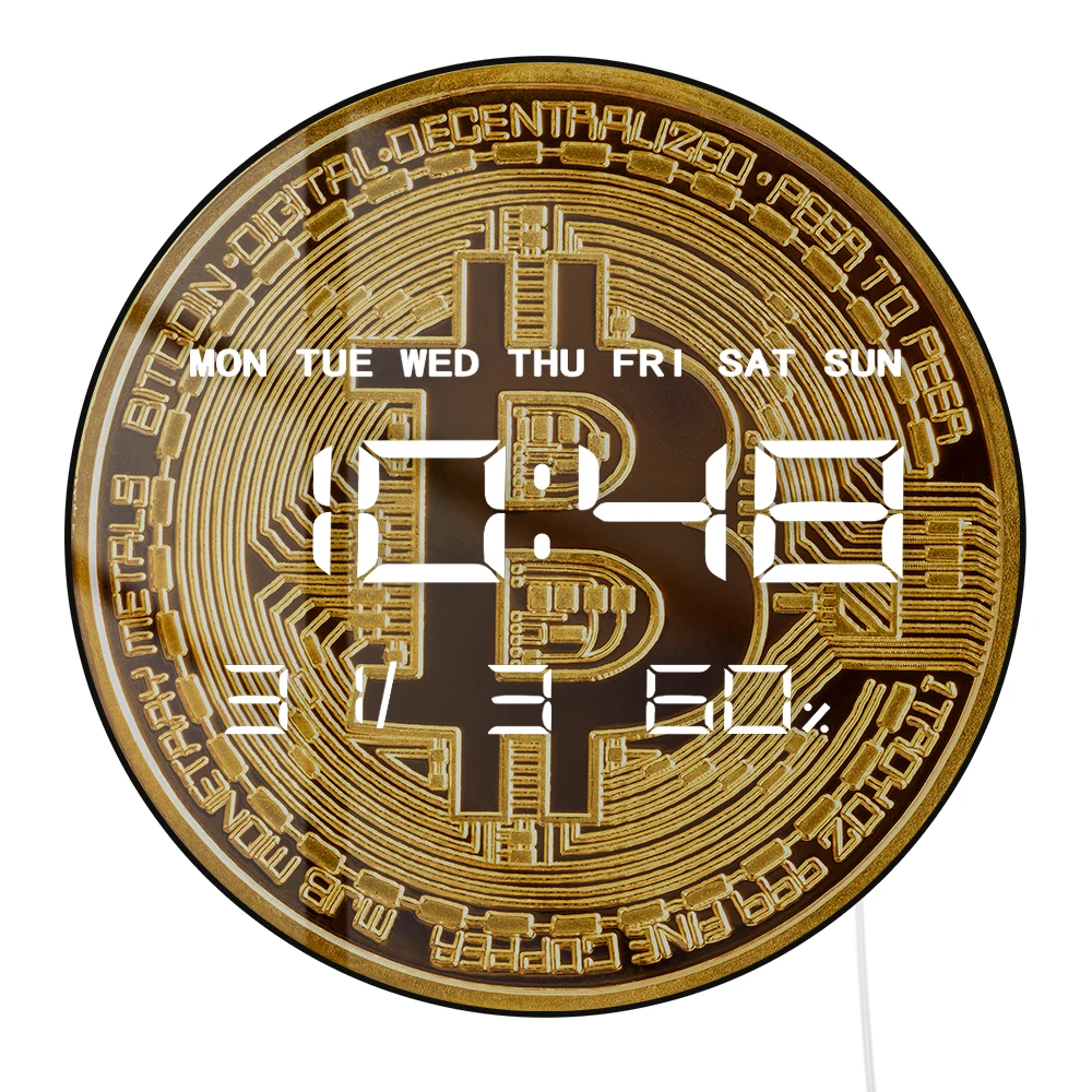 Golden Coin Bitcoin LED Digital Wall Clock For Finances Office Room Cryptocurrency BTC Symbol Art Electric Clock Wall Desk Use
