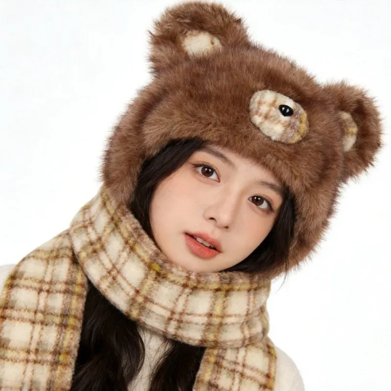 New cute cartoon bear scarf set, featuring a plaid print, a thick and warm fleece-lined earflap hat