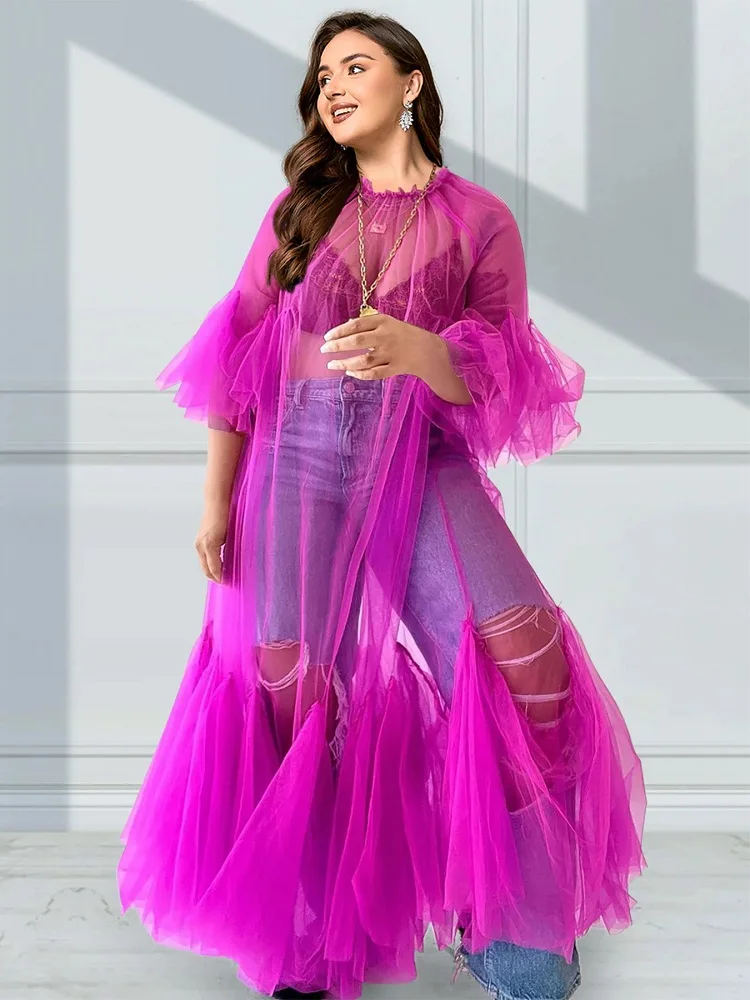 Vestido con dobladillo y volantes para mujer, vestido Sexy y elegante, manga de pétalo, malla fina, Magenta, cuello redondo, tul plisado, transparente, talla grande