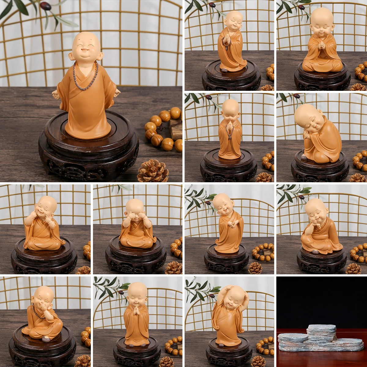 Mini Little Monk Statue Resin Monk Figurine Cute Buddha Monk Statue Decoration Home Living Room Desktop Ornament Children's Gift