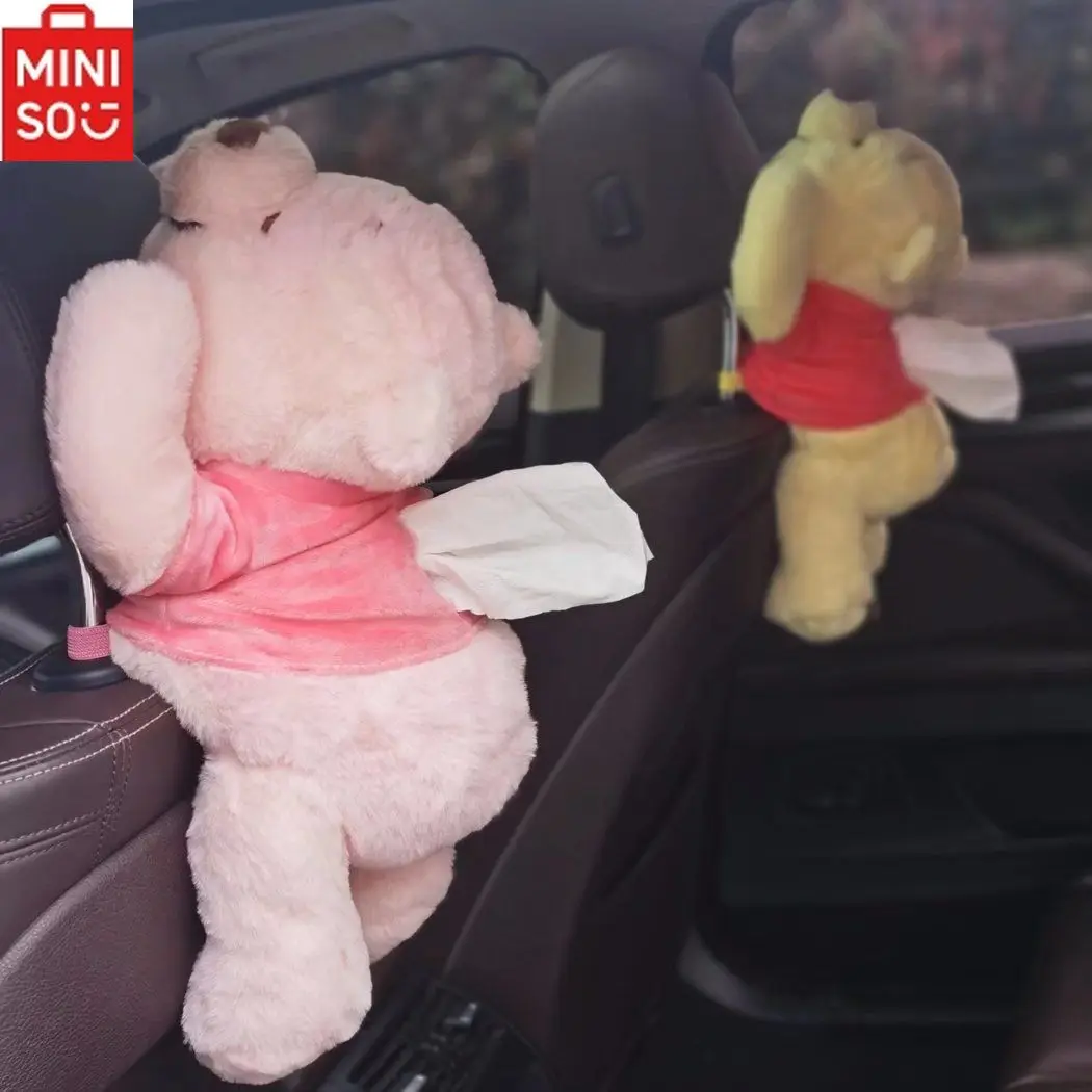 

MINISO Disney Winnie The Pooh Car Seat Hanging Plush Tissue Box Cartoon Winnie Paper Storage Box Car Decorative Ornaments