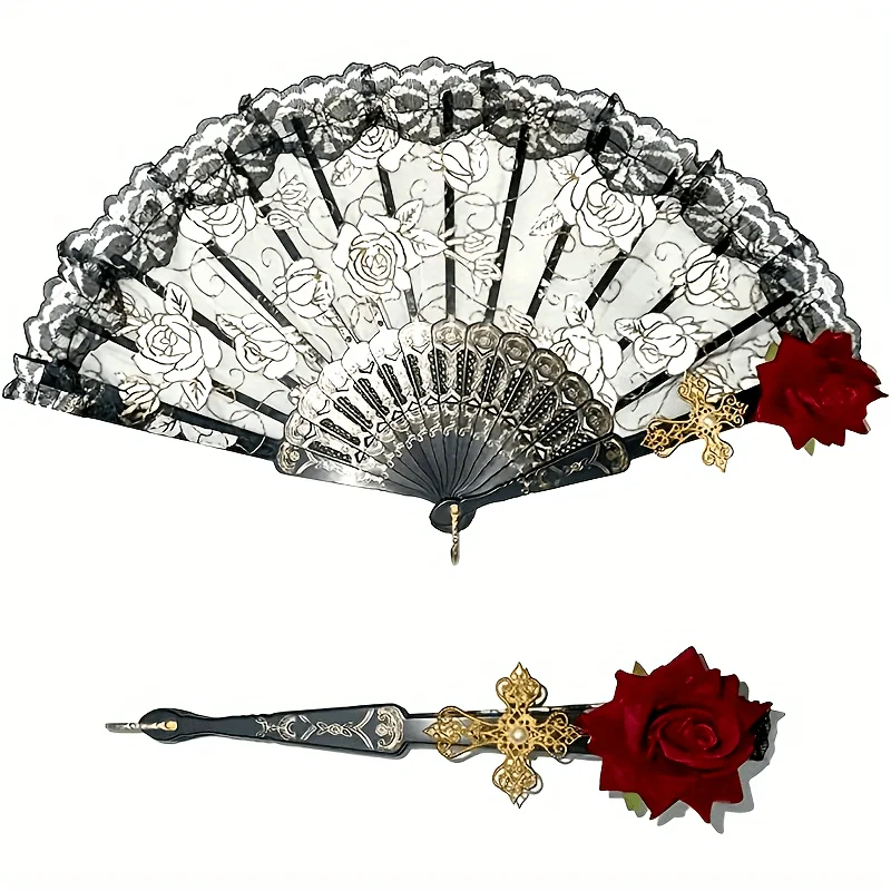 Abanico de mano de encaje rosa Flamenco español Vintage, elegante ventilador plegable negro para fiestas y bodas, 1 ud./2 uds.