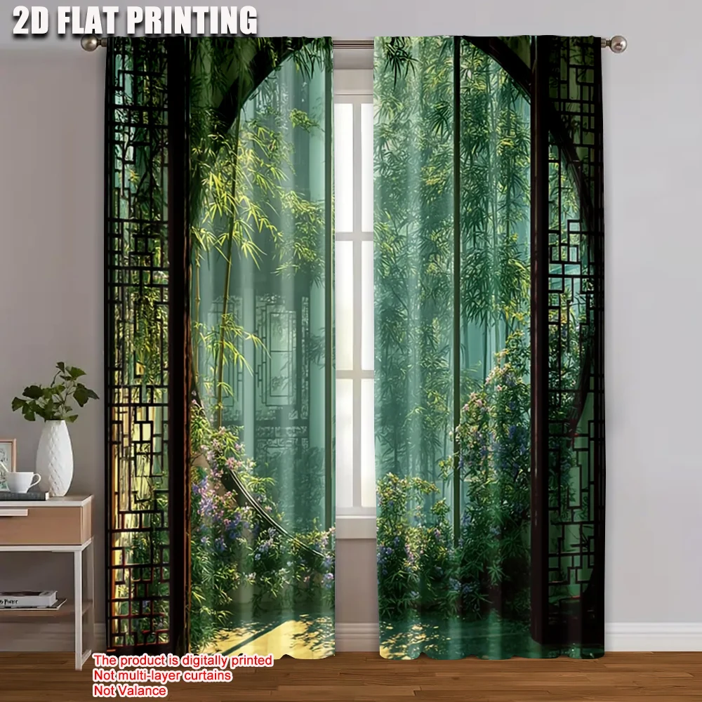 2 Stück 2D-Flachdruck-Vorhänge, asiatischer Garten, Bambus, langlebig, 100 % Polyester, ohne Strom, festlicher Urlaub, perfekt für