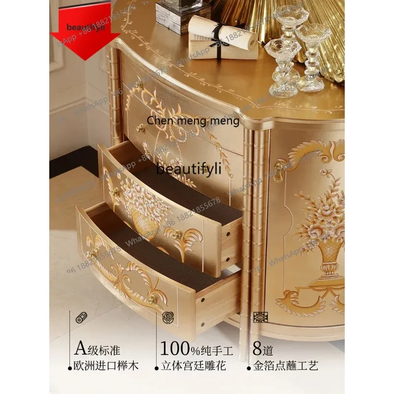 new French Entry Lux Solid Wood Hand-Painted Chest of Drawers European Style Champagne Silver Foil Entrance Cabinet Decorative s