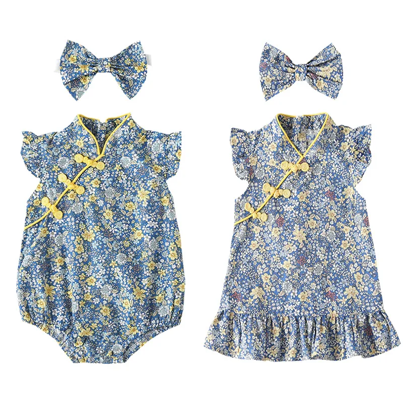 

Baby Rompers Clothes Summer Dress Cheongsam Style Cotton Princess Romper Thin Skirt Floral Short-sleeved Clothing