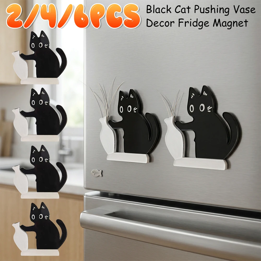2/4/6PCS Acrylic Cat Whiskers Collection Ornaments Magnetic Cartoon Cat Hair Storage Memorial Box Black Cat Pushing Vase Decor