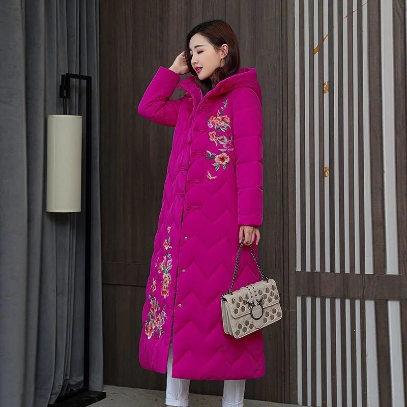 Winter Down Cotton Padded Women Chinese National Style Embroidered Long Outwear Thickened Warm Hooded Parka Coat Female