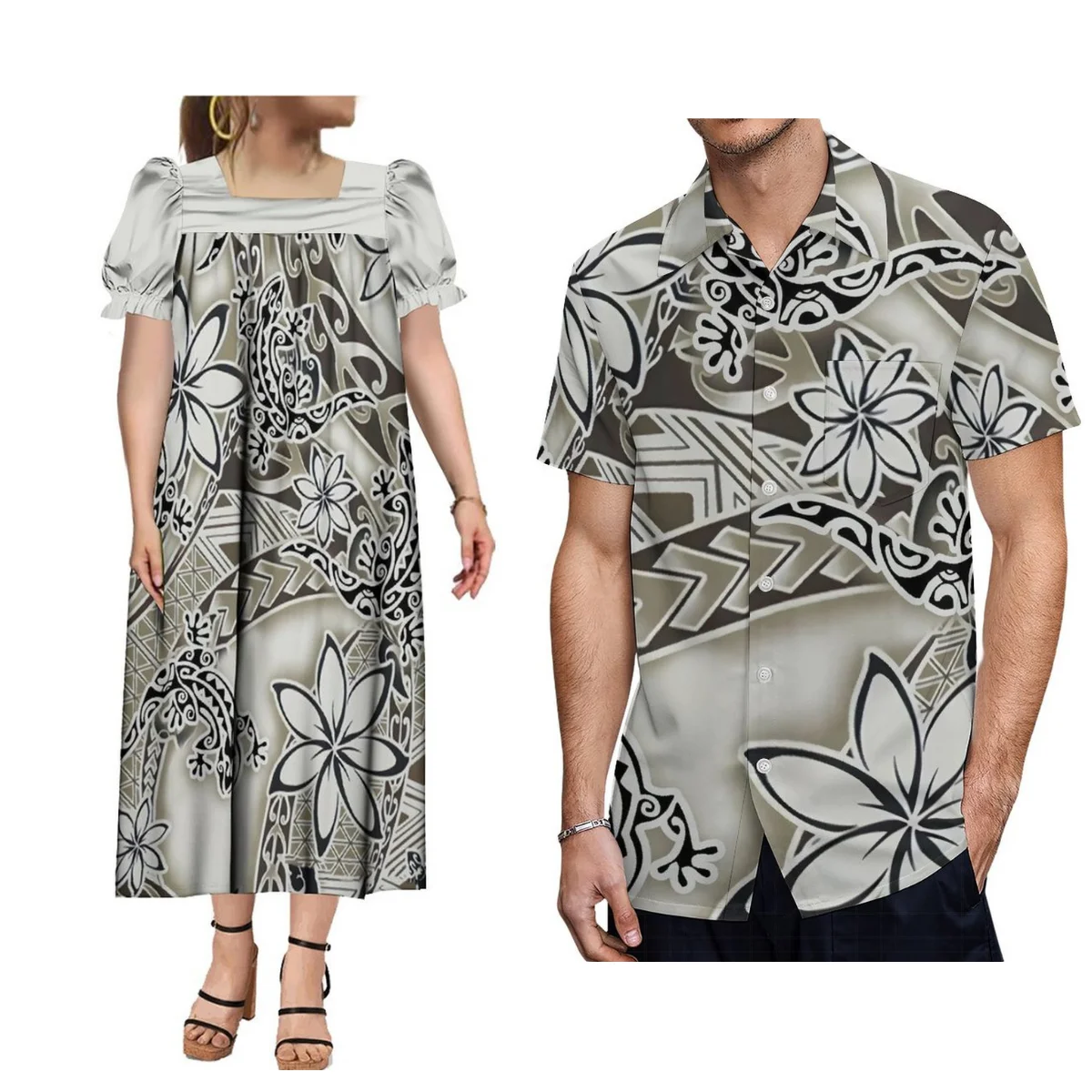 Summer Women'S Mumu Dress Puffy Dress And Men'S Hawaiian Aloha Shirt Polynesian Island Design Couple Clothing 