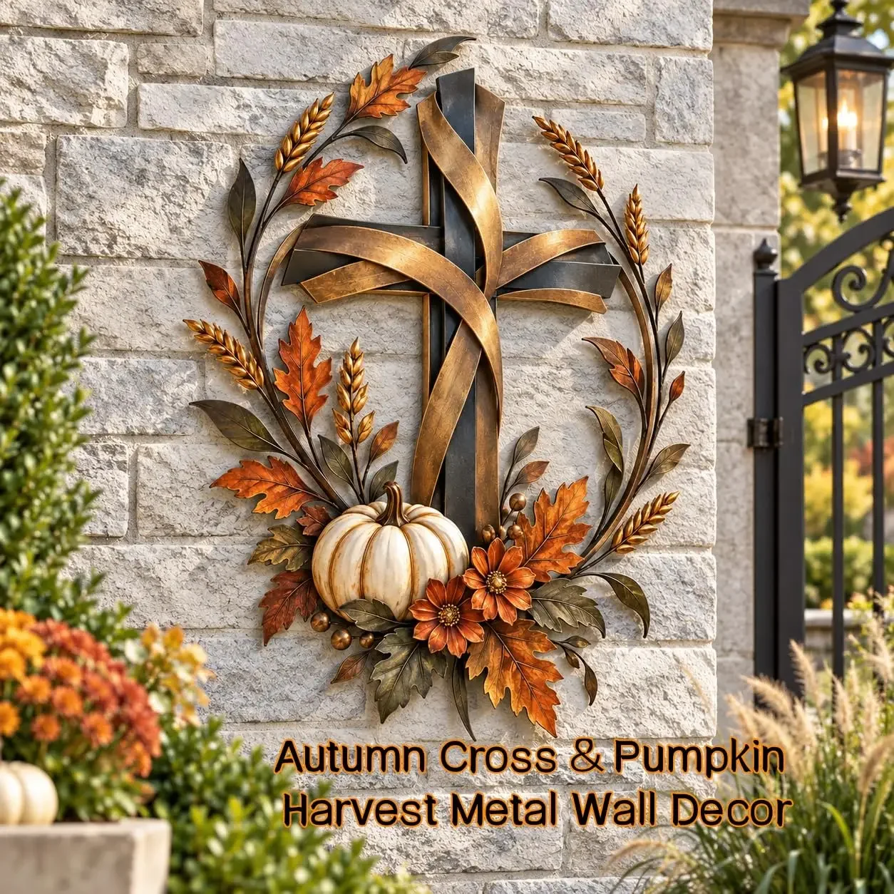 Autumn Cross & Pumpkin Harvest Metal Wall Decor, Metal Fall Pumpkin Wall Decor, Vintage Harvest Farmhouse Wall Plaque