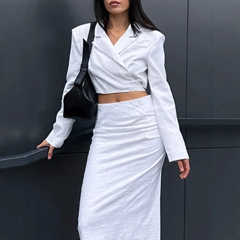 2025 New High Street Commuter White Cotton Hemp Design Short Coat and Half length Long Dress for Women