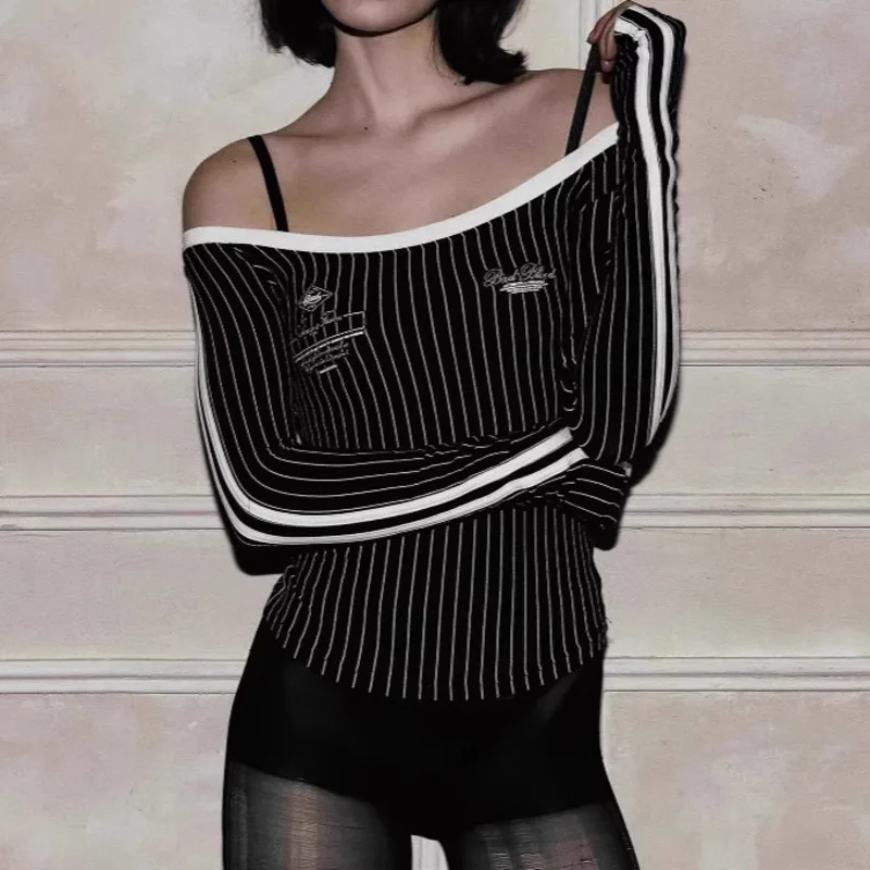 

Женская винтажная полосатая футболка с вышивкой, широким вырезом, открытыми плечами и длинными рукавами, в уличном стиле, модная, сексуальная, в стиле панк, повседневная