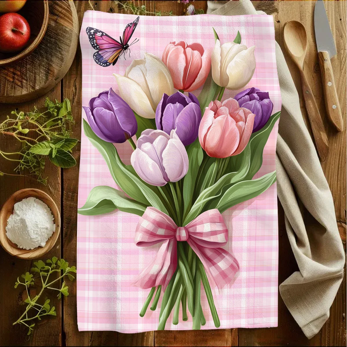 1pc Pink Plaid Tulip & Butterfly Printed Scrub Cloth, Soft Absorbent Hand Towel,Perfect for Kitchen, Dining Room, Bathroom, Dorm