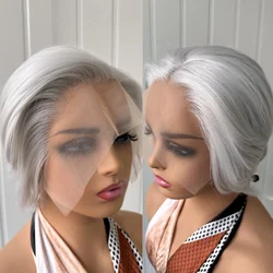 RDY Pixie Cut Short Bob Wig Silver Grey Synthetic Lace Front Wig Gluless Layered Straight Hair Frontal Lace Wigs for Women Daily