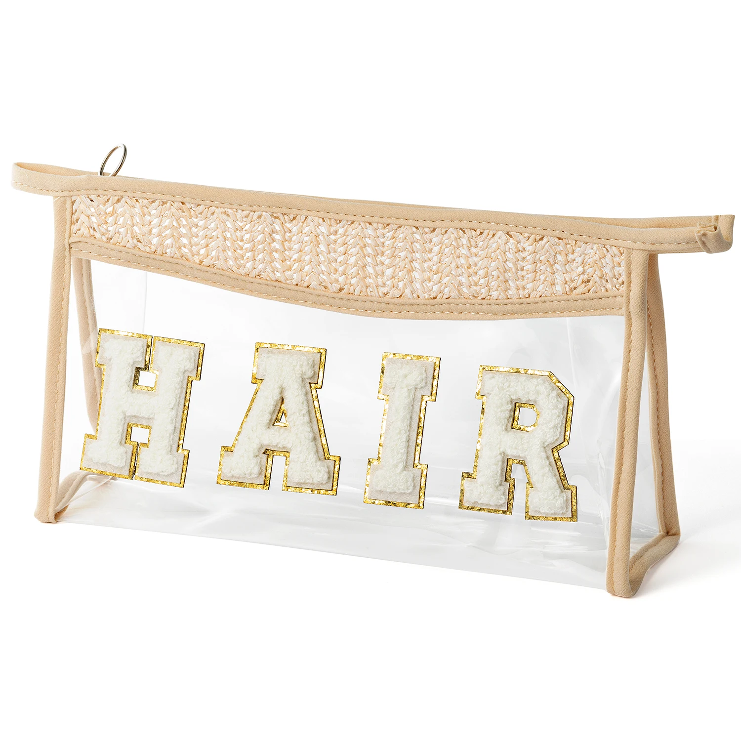 Straw Woven Makeup Bag - Clear PVC Cosmetic Pouch with Embroidered 