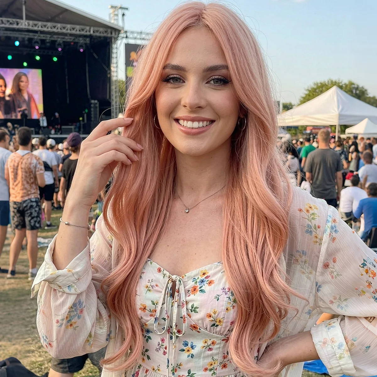 Peach Pink Long Wavy Wig Synthetic Curly Layered Side Bangs Fashion Daily Princess Anime Costume Wig Halloween Cosplay Party