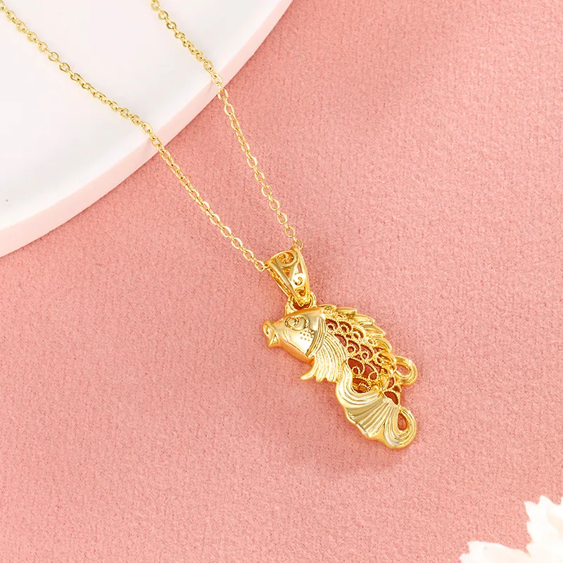 Luxury 24K 9999 Pure Gold real gold Women's Fish Leaping Longmen Koi Pendant Necklace