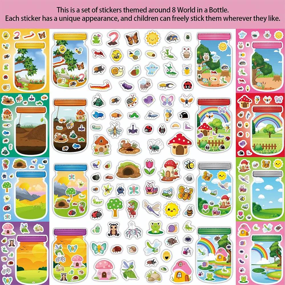 8/16 ورقة لطيف الكرتون زجاجة العالم لغز ملصقات Kawaii الحشرات الحيوانات DIY بها بنفسك تجميع بانوراما ألعاب تعليمية الشارات للأطفال