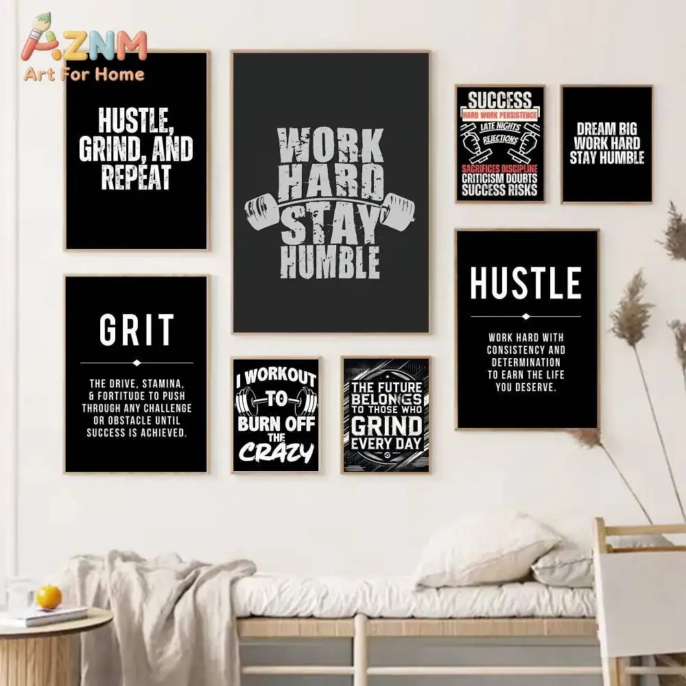 AZNM Black White Motivational Hustle Grind Quote Canvas Print Gym Fitness Inspirational Text Unframed Canvas Wall Art Office Wor