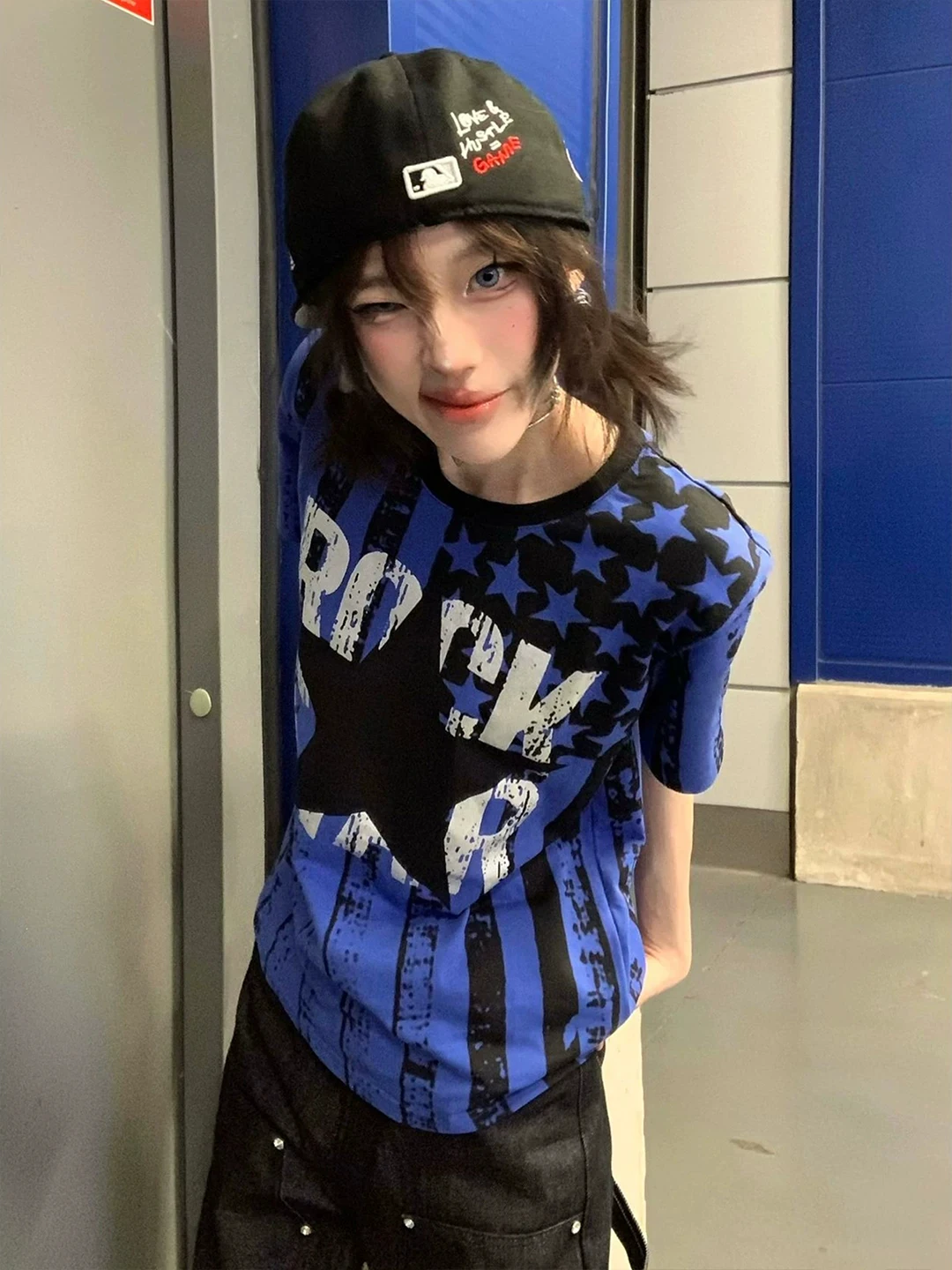 

Slim Fit Short Sleeve T-Shirt Women's Summer Blue Letter Print Y2K Subculture Streetwear Visual Style Punk Fashion Cotton Top