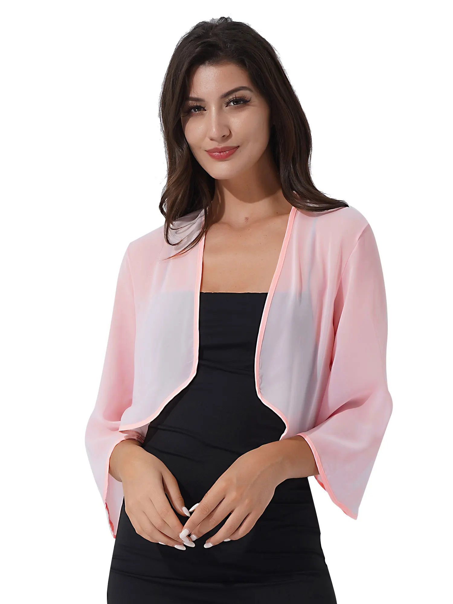 Mantelle in Chiffon da donna Cardigan Bolero Jacket 3/4 Flare Sleeve tinta unita Evening Wedding Party abito da sposa Cover Up Wraps scialle