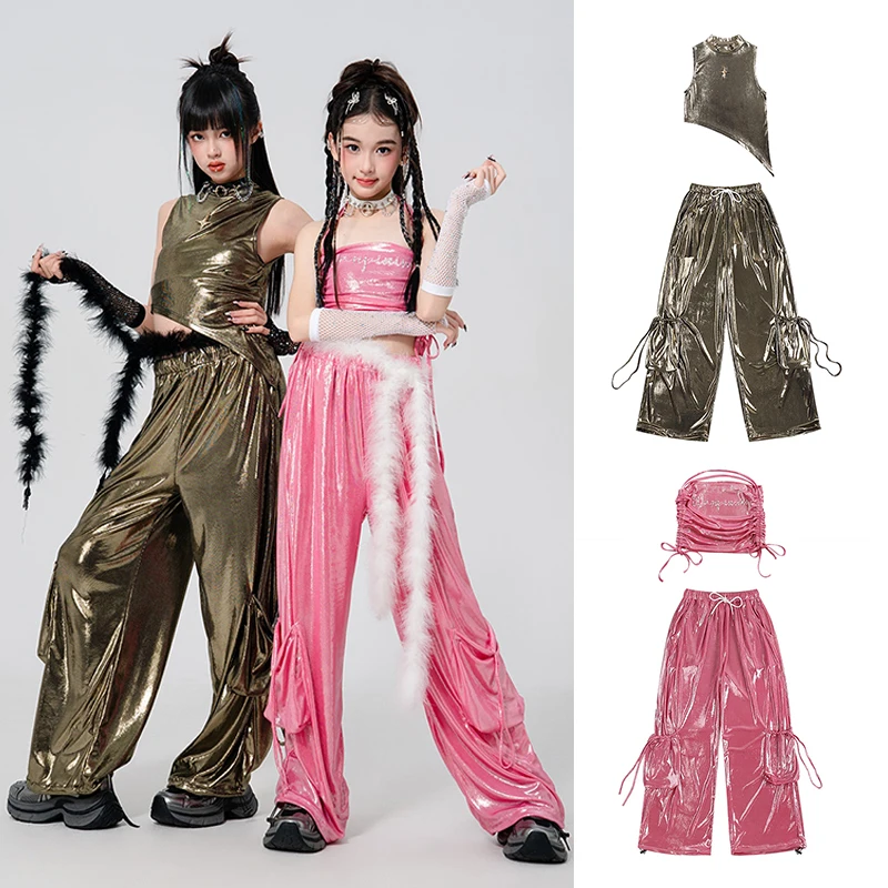 

Jazz Dance Costume Girl Hip-Hop Street Performance Clothing Girl Group Party Concert Stage Clothes Kid Shining Vest Pants XH2904