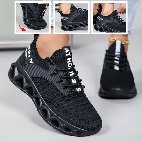 Women Blade Sole Running Sneakers Letter Print Knit Breathable Lightweight Non Slip Fashion Walking Gym Athletic Sport Shoes