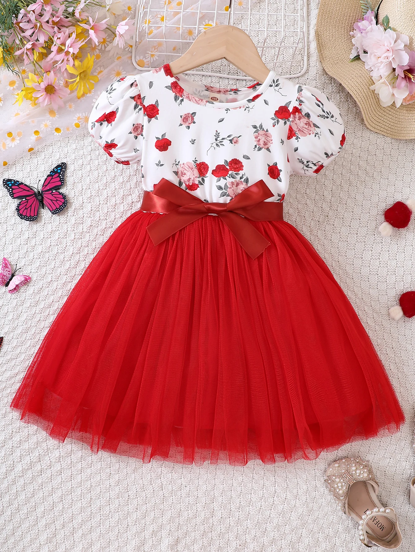 Girls' summer new romantic rose floral series puff sleeve dress + hem red mesh princess dress