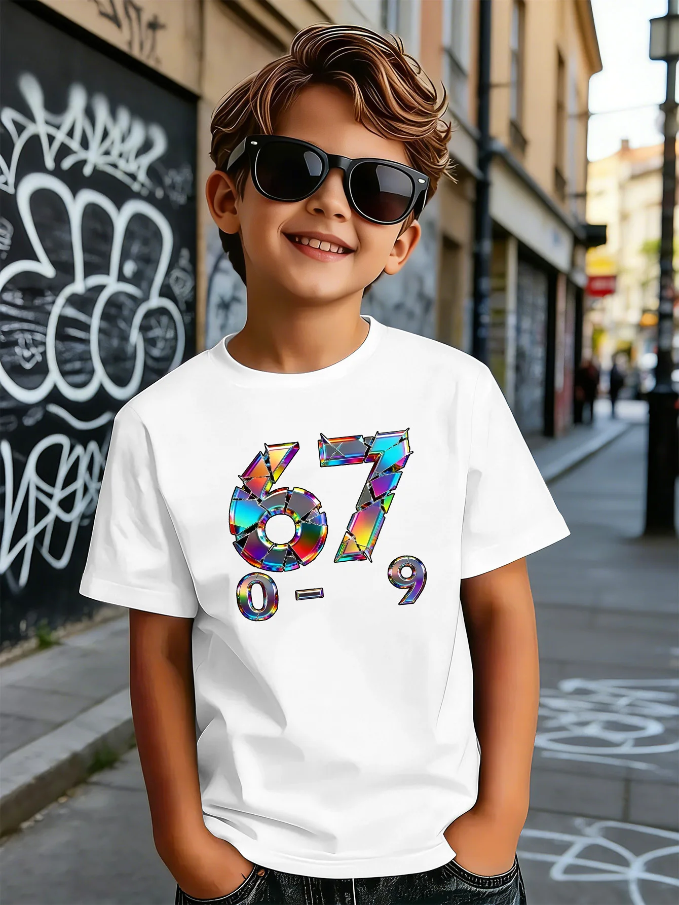 Iridescent Shiny Digital Number Geometric Print Kids Tee Boys Girls Cotton Summer Soft Casual Unisex Kids Short Sleeve Shirts