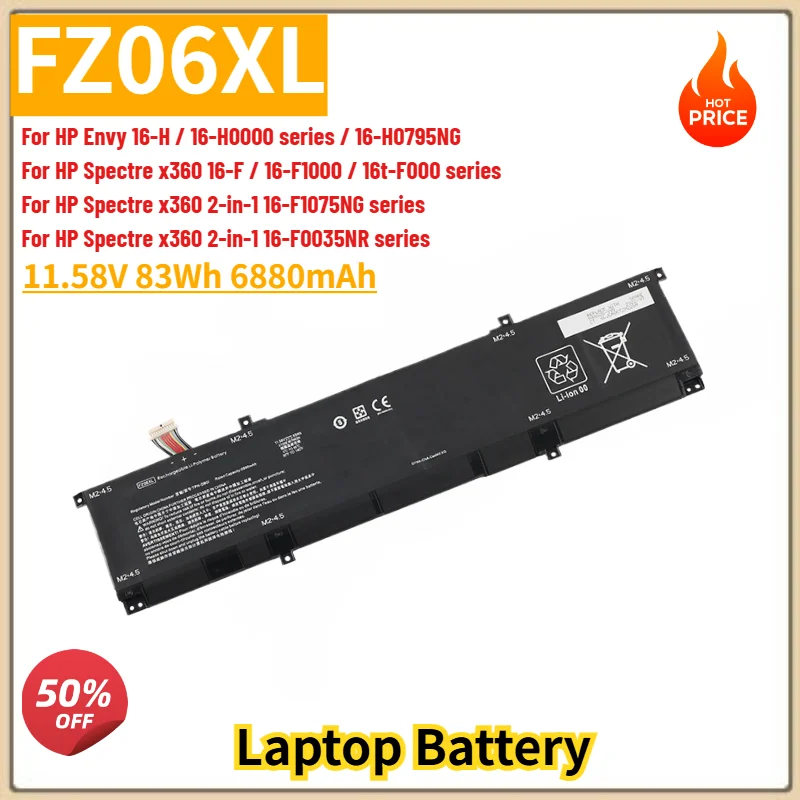 FZ06XL Laptop Battery 11.58V 6880mAh For HP Envy 16‑H / 16‑H0000 series For HP Spectre x360 16‑F / 16‑F1000 / 16t‑F000 series