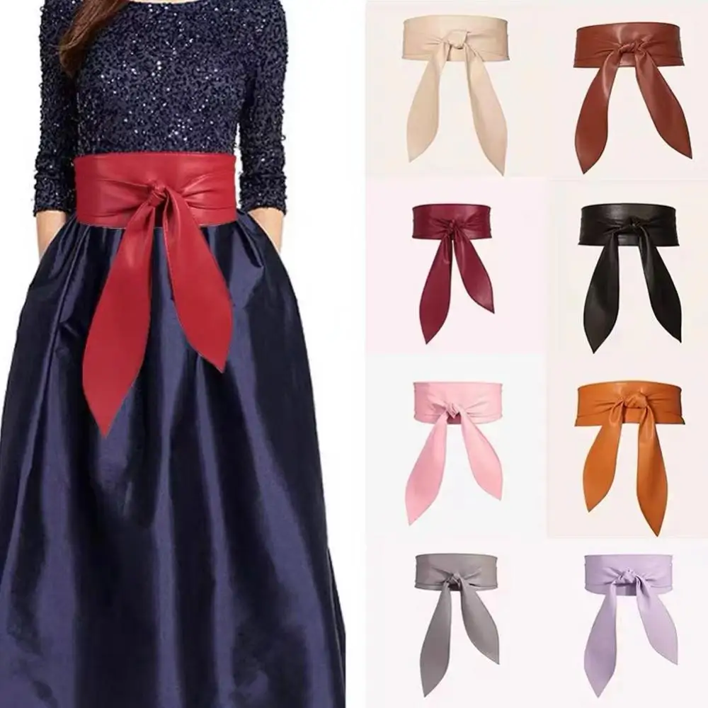 Women Lace Up Belt Elegant Bow Belt Long Black Soft Leather Wide Waistband Bowknot Cummerbund Ties Bow Ladies Dress Decoration