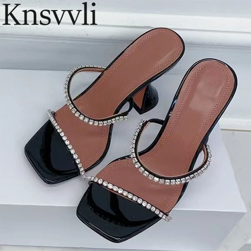 2025 New Cup Heels Slippers Women Satin Square Peep Toe Slides Bing Rhinestone High Heels Runway Shoes Summer Sandals For Woman