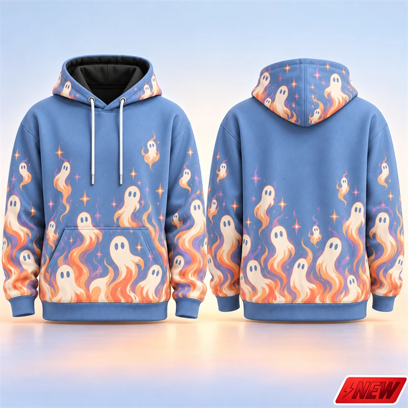 Hoodies 3D Printed Cute Glowing Ghost Flame Star Pattern Hooded Men Halloween Party Holiday Gift Autumn Winter Sweatshirt Unisex